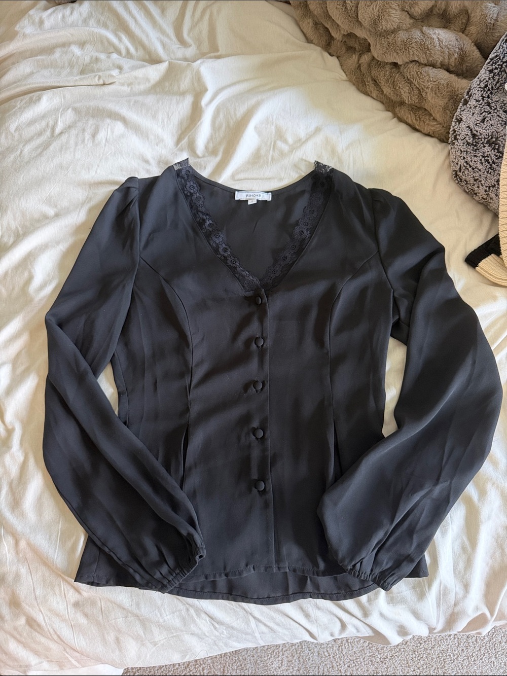 RIHOAS Black Lace-Trim Button Front Blouse